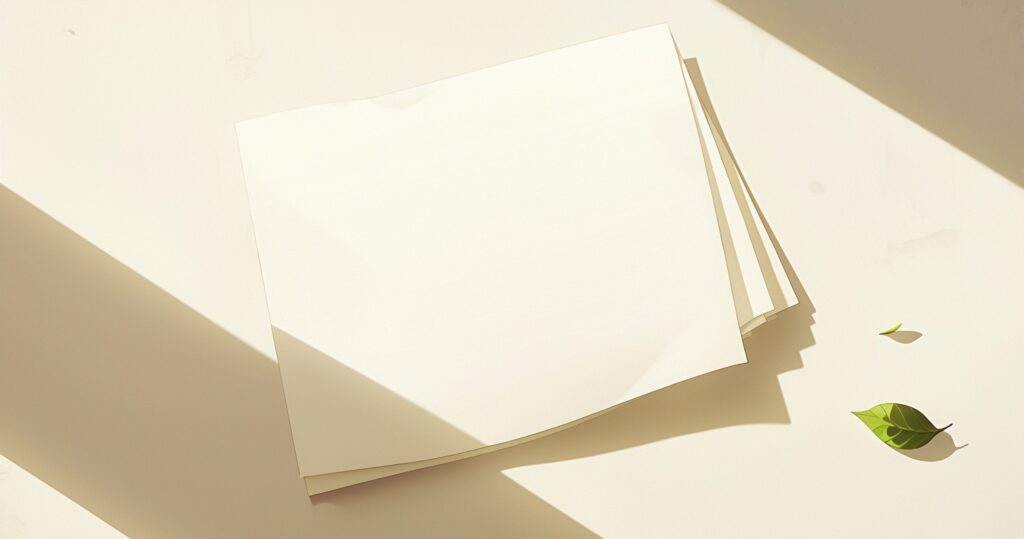 Papierblätter mit einem kleinen grünen Blatt auf heller Fläche.